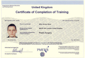 certificate of completion of training Mr Miles G Berry MS, FRCS (Plast)