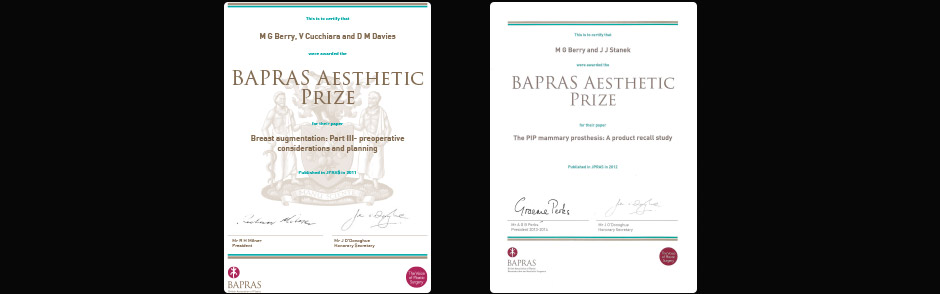 BAPRAS aesthetic prize awarded to London based surgeon Mr Miles Berry MS, FRCS (Plast)